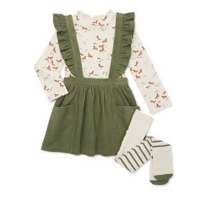 Toddler Girl Pinafore, Top and Tights Outfit Set, 3-Piece, Sizes 2T, 4T